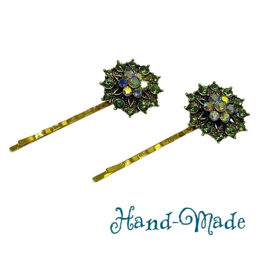 Handmade Green Iridescent Rhinestone Gold Set Hair Clips HoCo Fairy Jewelry NWT